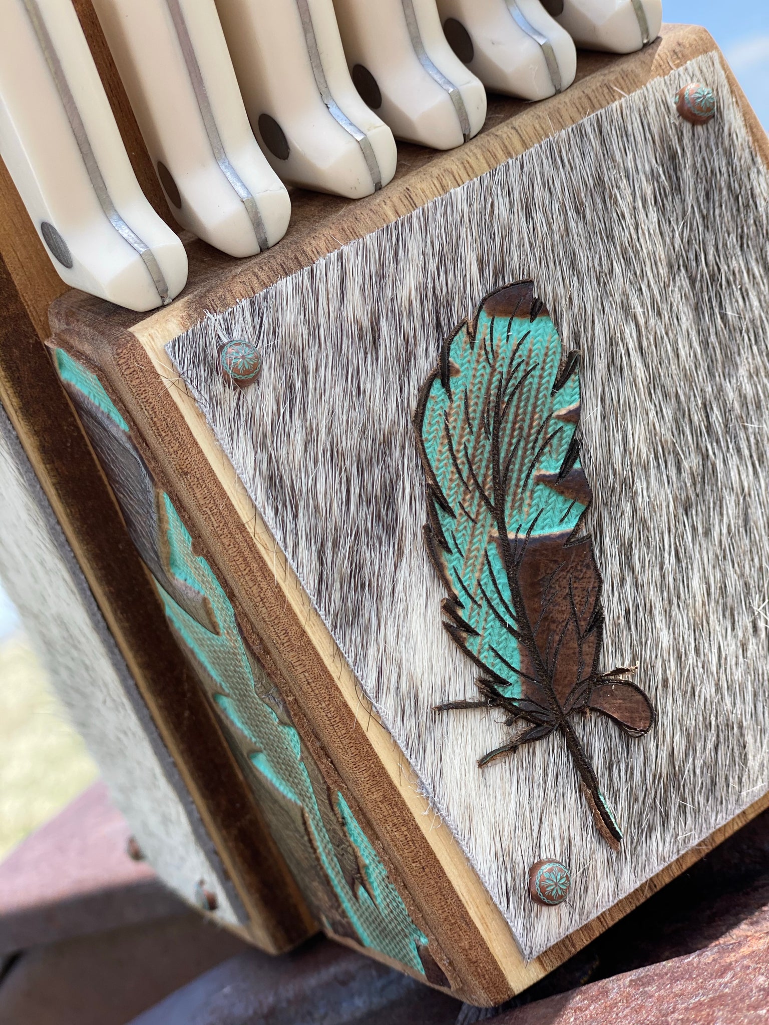 Cowhide Feather Pioneer Woman Knife Block Set